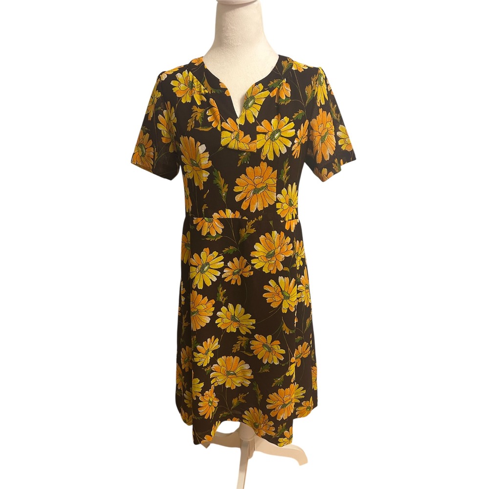 Handmade 1970s Retro Brown yellow‎ daisy dress vintage sweetheart secretary knee